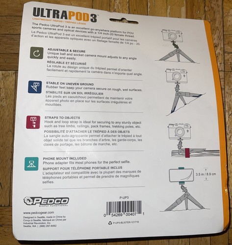PEDCO Ultrapod-3 Small Handheld Travel Tripod for Camera or Phone, Black. (C) - Picture 2 of 2