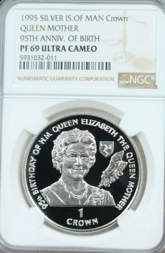 1995 ISLE OF MAN SILVER CROWN QUEEN MOTHER ANNIV NGC PF 69 ULTRA CAMEO TOP POP 1