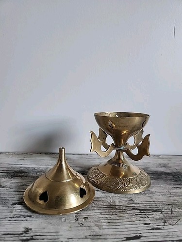 VTG Brass Censer Incense Burner Hearts & Flowers Made In India - Picture 3 of 8