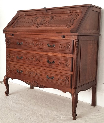 Vintage French Carved Golden Oak Bureau, Louis Philippe, Antique Secretaire. - Picture 2 of 15