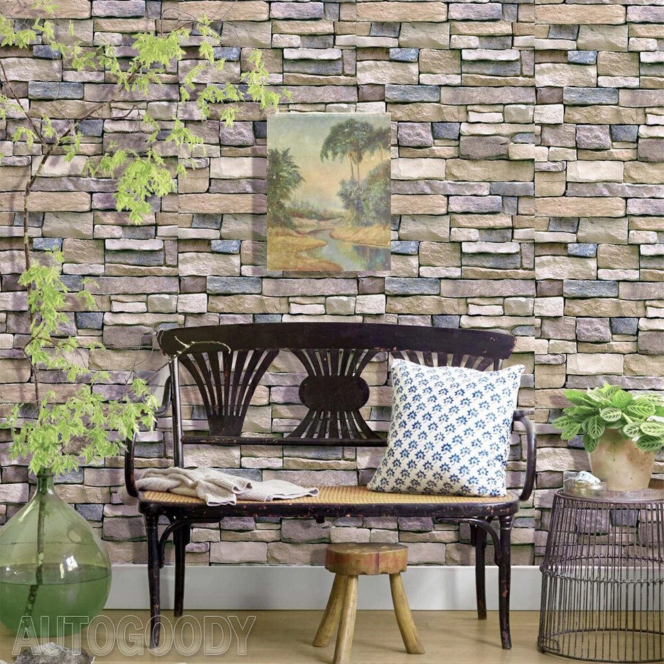 3ft x 50ft 3D Stone Brick Wallpaper Vinyl Film Sticker Rock Stacked 36" x 600" - Image 3 of 4