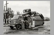 Vintage Big Rig Semi Truck PHOTO Gas Station 1941 Car Hauler Tractor Trailer