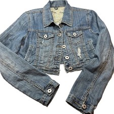 M Dollhouse Cropped Distressed Blue Denim Micro Jean Jacket Y2k 90s Button Up M