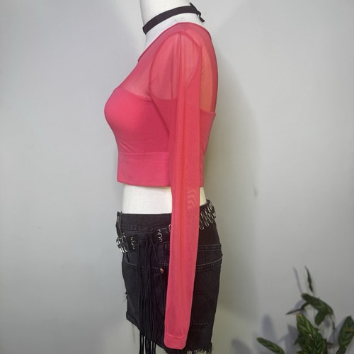 Y2K Sheer Hot Pink Long Sleeve Mesh Crop Top Rave Girlcore Indie Fairy 90s S - Picture 4 of 6