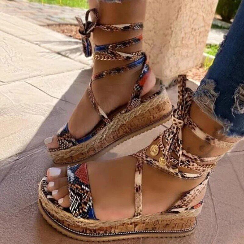 Women Sandals Summer Snake Wedge Shoes Ethnic Print Fashion Casual Lace Up