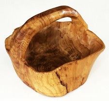 RUSTIC PRIMITIVE FOLK ART HAND CARVED CEDAR BURL WOOD BASKET BOWL 12 x 10" TREEN