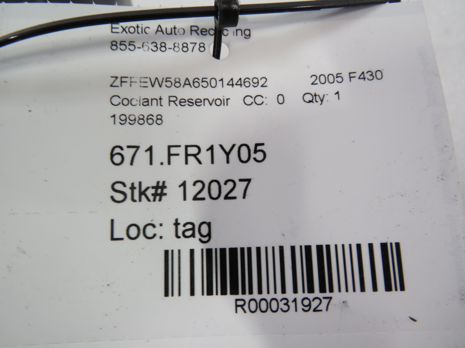Ferrari F430, Coolant Tank Reservoir, Used, P/N 199868