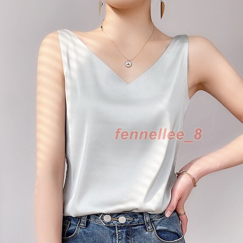 Women Silk Satin Camisole Top Sleeveless V-Neck Casual Blouse Plain Tank T-shirt - Bild 18 von 33