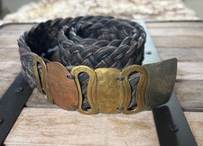 Marjorie Baer SF Black Brown Braided Cotton Cord Belt Hammer Metal Buckle 39