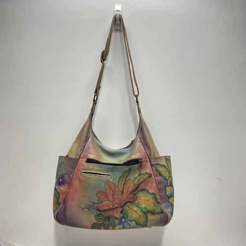 Anuschka Women's Beige Floral Hand Painted Hobo Shoulder Bag - Picture 2 of 4