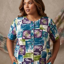 Blairsport Women's Blouse Short Sleeve Button Front Artsy Floral Vintage 2X