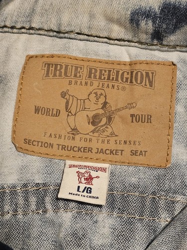 True Religion Acid Wash Stretch Denim Trucker Jacket Mens Size Lg Distressed - Picture 5 of 10