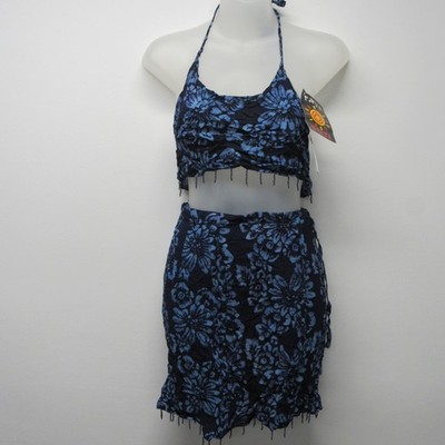 NWT Vintage 90s Raya Sun Batik Tropical Print Halter Crop Top & Skirt Set S  