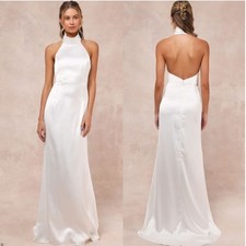 Lulus Women's Luxe Destiny White Satin Backless Halter Mermaid Maxi Dress Medium