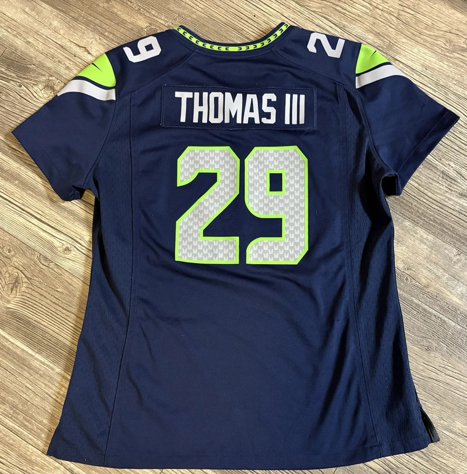 Camiseta para mujer Seattle Seahawks grande azul #29 Earl Thomas lll on Field NFL Nike Foto 2 de 4