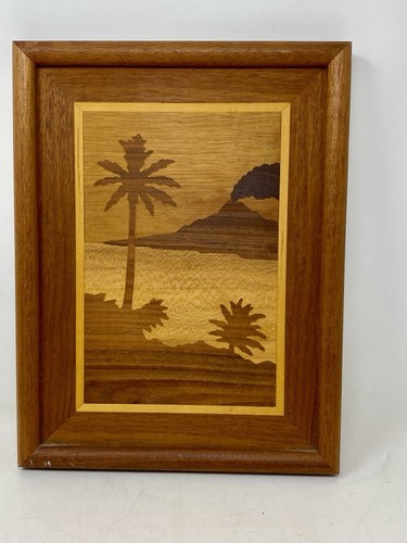Vintage Handmade Marquetry Inlaid Wood Picture Of Volcano Palm Trees Signed 1986