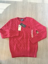 Boy's Polo Ralph Lauren SOLID RED COTTON CABLE Knit Sweater Boys 10-12 NAVY PONY