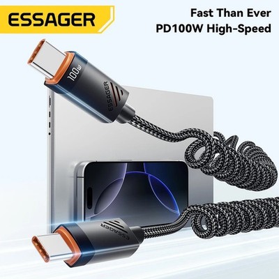Essager 100W Coiled USB-C to USB-C Cable   Fast Charging Spring Cord for iPhone 