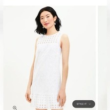 LOFT Mixed Eyelet Lace Shift Sun Dress 8 Flounce Hem Sleeveless Cotton White