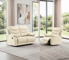 CREAM Italian Leather 2 Seater + 1 Armchair Manual Recliner -FUSION
