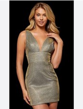 Sherri Hill Gold Metallic Glitter Mini Cocktail Dress Size 6 style 52356