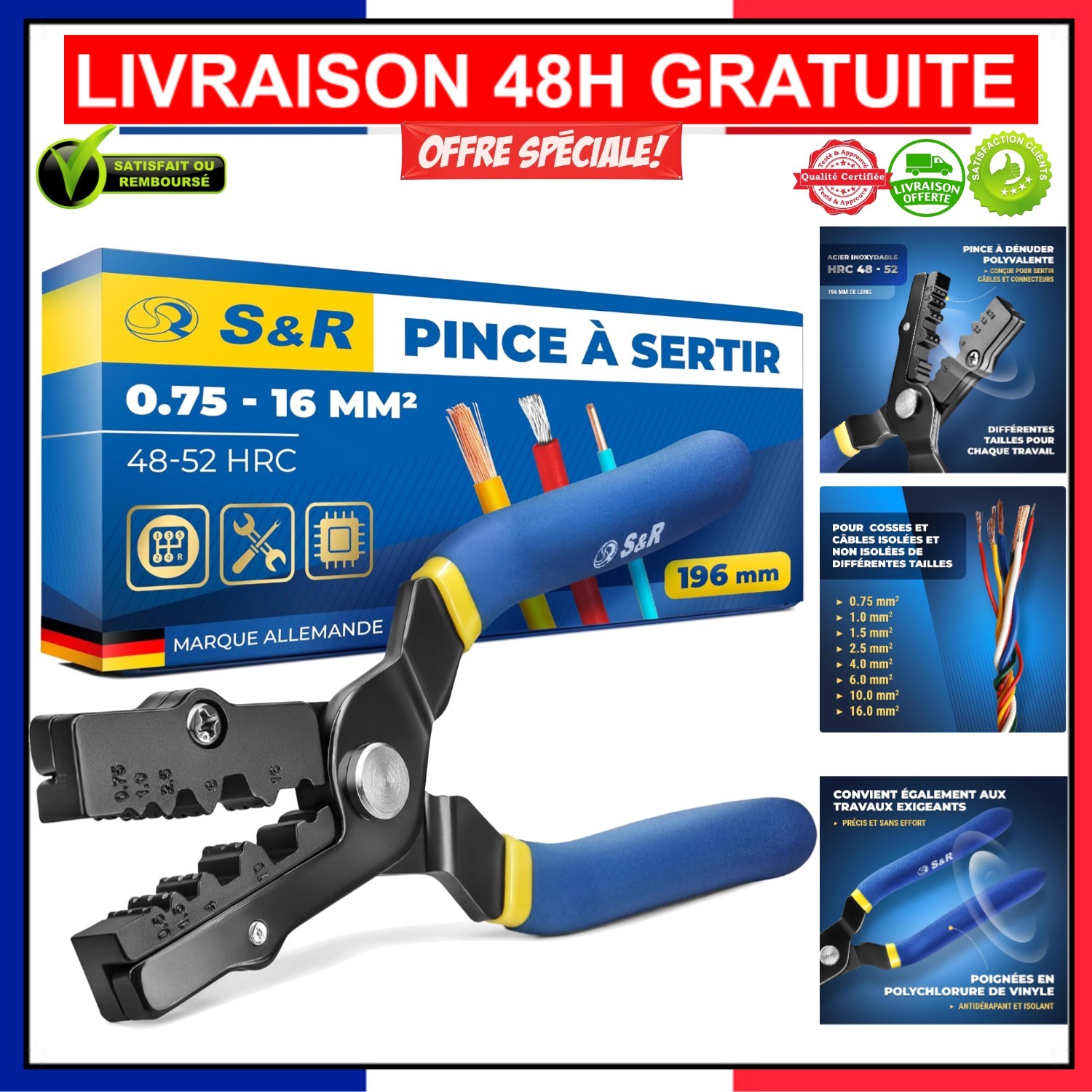 Pince à sertir antidérapante S&R 190mm pour cosses et fils en acier