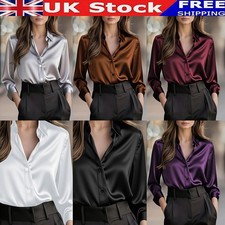 Women Silk Satin Shirt Ladies Long Sleeve Blouse Smart Office Work Top UK