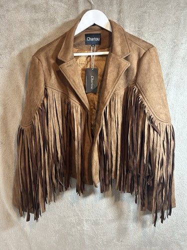 Chartou braune Wildlederimitat Fransen Jacke Western Festival Style Größe USA XL