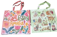 Lot Of Two TJ MAXX  REUSABLE SHOPPING TRAVEL TOTE BAGS Cats Feline Spanish