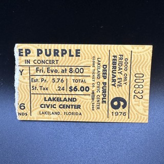 DEEP PURPLE CONCERT TICKET STUB FEB 6 1976 LAKELAND CIVIC CENTER