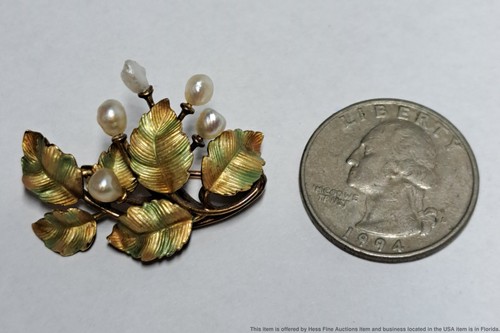 Art Nouveau 14K Gold Cultured Pearl Grape Cluster Vine Leaf Brooch Pin - Picture 6 of 7