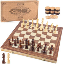15  Wooden Chess  Checkers Set 2-in-1 Board Game with Storage Box