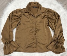 Boohoo Brown Satin Button Front Collared Puff Long Sleeve Blouse 2