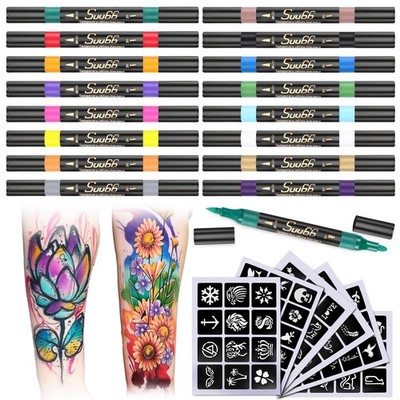 Temporary Tattoo Markers Kit, DualEnd 16 Colors with 80 Stencils for Body Art...