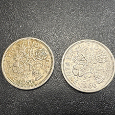 1956  1966 Great Britain 6 Pence Coins Queen Elizabeth 2. Both Coins included.