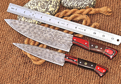 Custom Made Damascus Chef Knife & Steak Knife Set - Hand Forged Sharp Blade 2065
