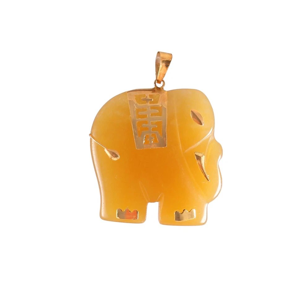 Colgante elefante tallado a mano con piedras preciosas de jade naranja natural joyería de oro macizo de 14k Foto 3 de 4