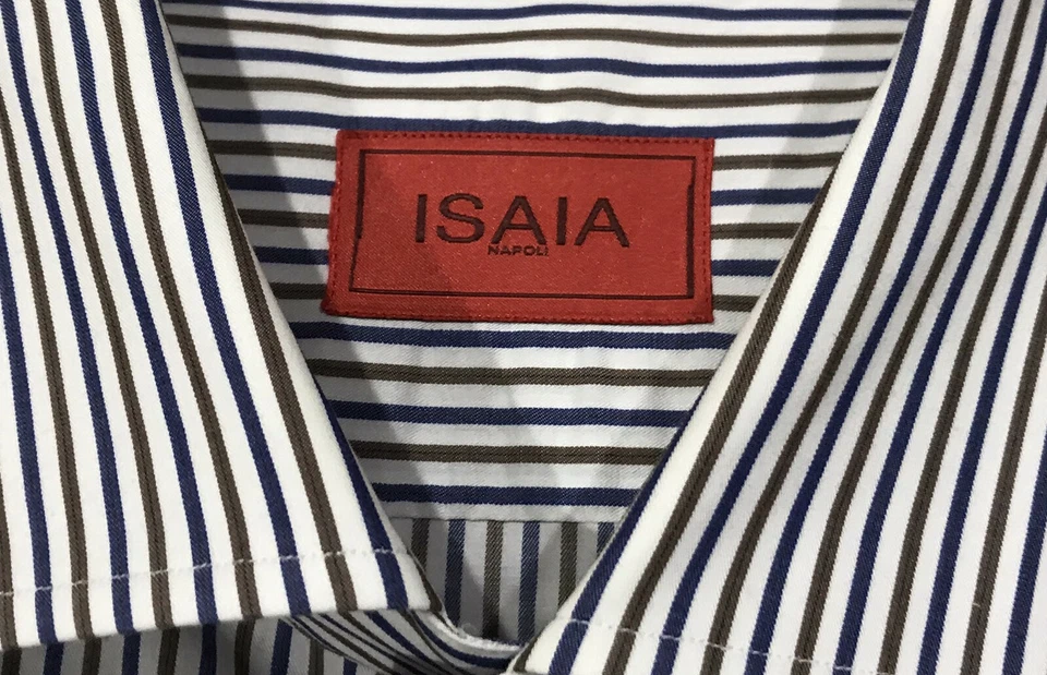 Camisa de vestir a rayas ISAIA Napoli para hombre blanca azul verde 17,75 32,5 XL poco uso Foto 4 de 4