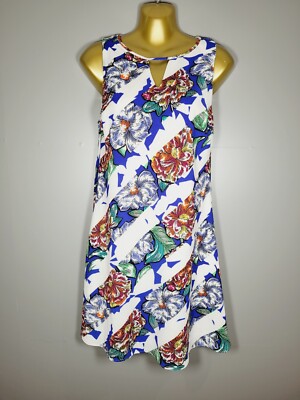 NEU MIT ETIKETT NEU LOUCHE KLEID GRÖSSE 8 GEBLÜMT weiß blau ÄRMELLOS 33'' lang Qizela Tk50