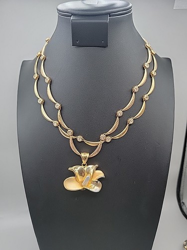 Calla Lilly Pendant Necklace OB SIGNED Gold Plated Rhinestones Two 19" Chains - Picture 2 of 23