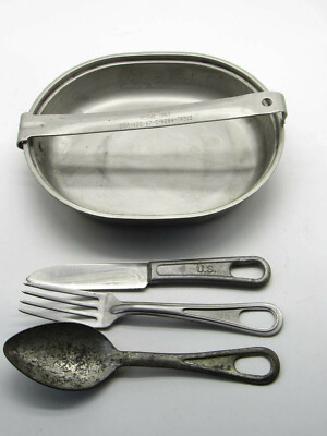 Vintage Vietnam 1967 Regal Stainless Steel Cooking Ware, Field Cook Dish & knife