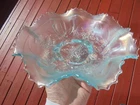 Vintage Northwood Carnival Glass Ice Blue Three Fruits Spade Ftd Ruffled Bowl