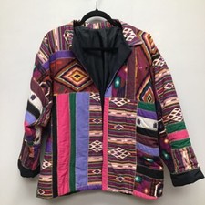 Jacket Coat Womens Multicolor Hand Sewn Patchwork Open Collar Long Sleeve L