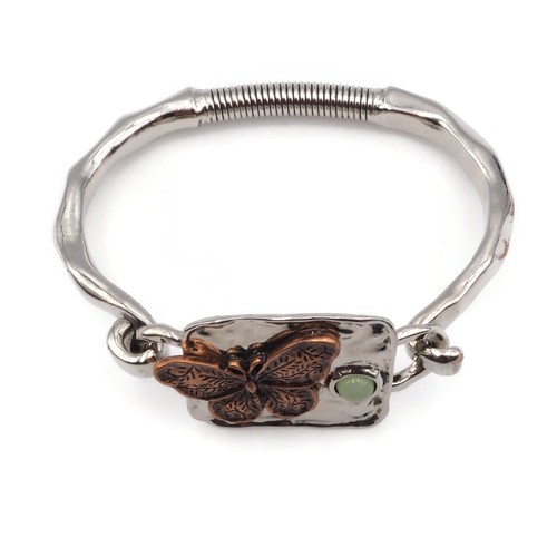 Silver Tone Hammered Copper Butterfly Light Green Cabochon Fashion Bracelet - Picture 10 of 14