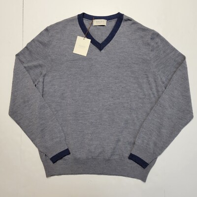 HAGEN Men's LARGE L Gray Blue Trim MERINO WOOL Knit V-Neck Sweater Made In Italy