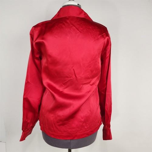Blusa vintage roja satinada manga larga cuello en V cuello para mujer M - Imagen 7 de 10