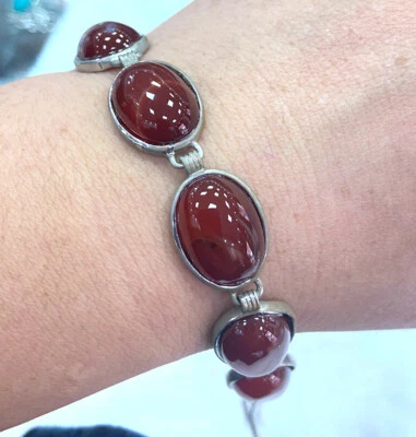 NATURAL 12x16mm red agate WHITEBRACELET silver plated bracelet 7.5-8.5“ - Image 1 of 4