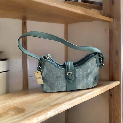 NWT Fossil  HOBO Signature Logo Blue Canvas & Leather Monogram Shoulder Bag