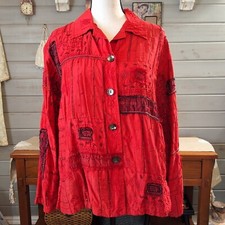 Chicos Design Red Silk Embroidered Beaded Jacket Sz 1 Jeweled Vintage Art To...