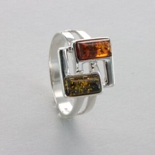 Twin Multi-Color Square Rectangle BALTIC AMBER Ring - 925 STERLING SILVER 36e